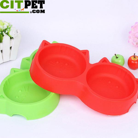 Pet Products Plastic Cat Face Double Bowl Tableware Pet